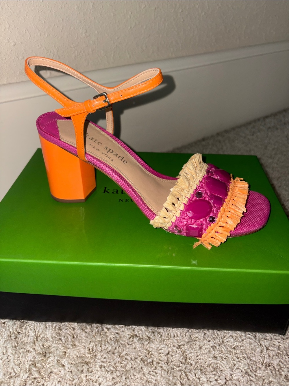 🩷🧡Kate Spade Bora Bora pink and orange raffia fringe block heel sandals🧡🩷